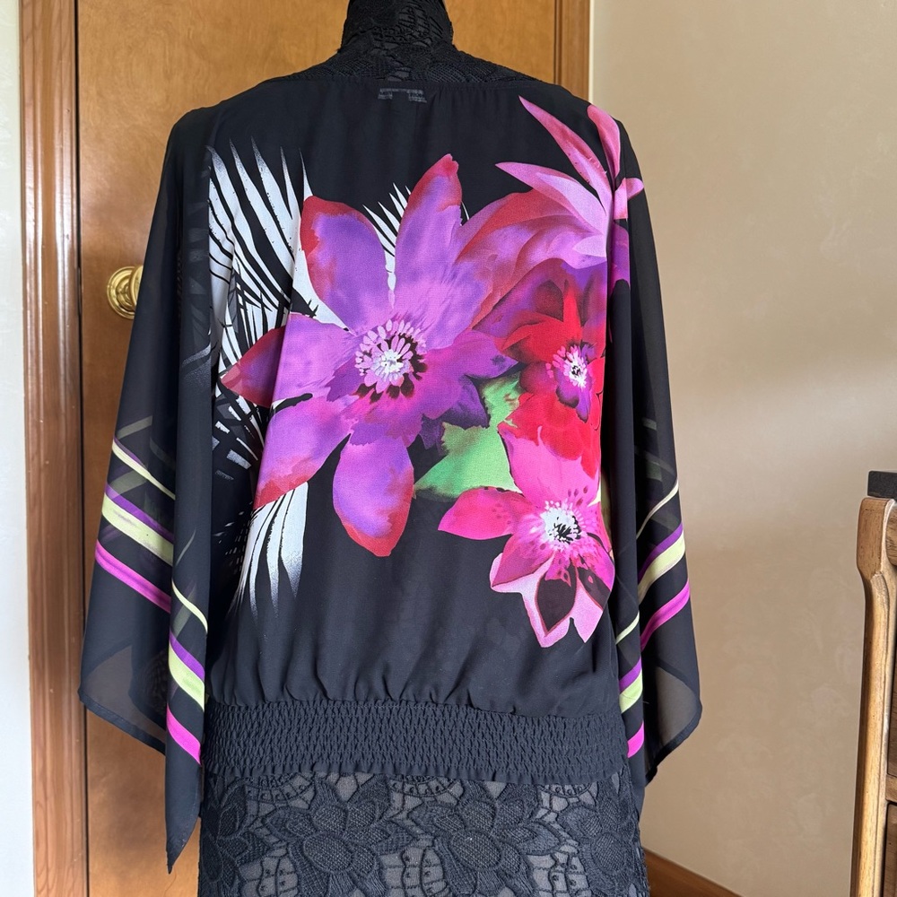 Vintage Black Sheer Long Sleeve Blouse with Vibrant Floral Design Small - Picture 14 of 14